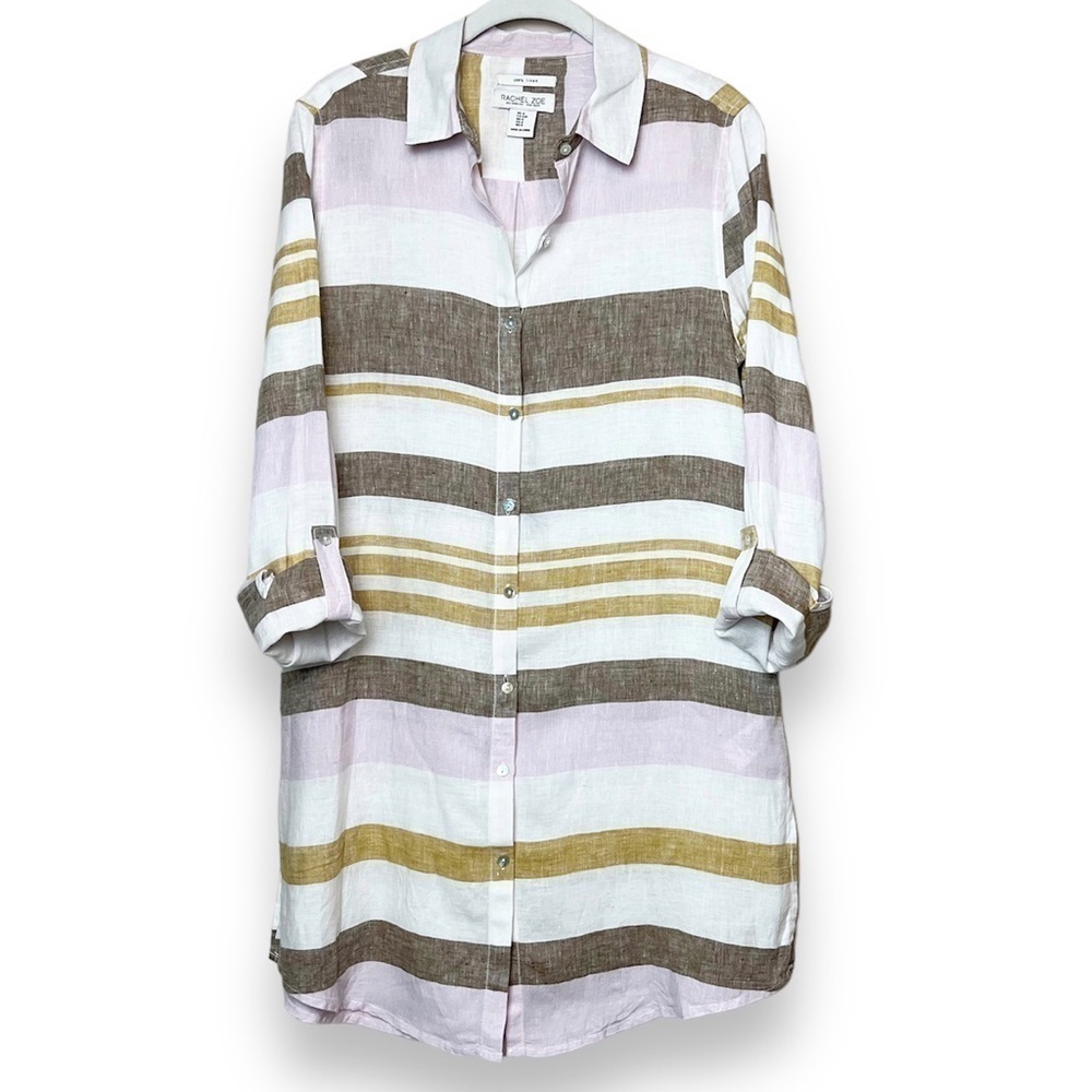 Rachel‎ Zoe 100% linen button front tunic top S shirt neutral stripe long sleeve
